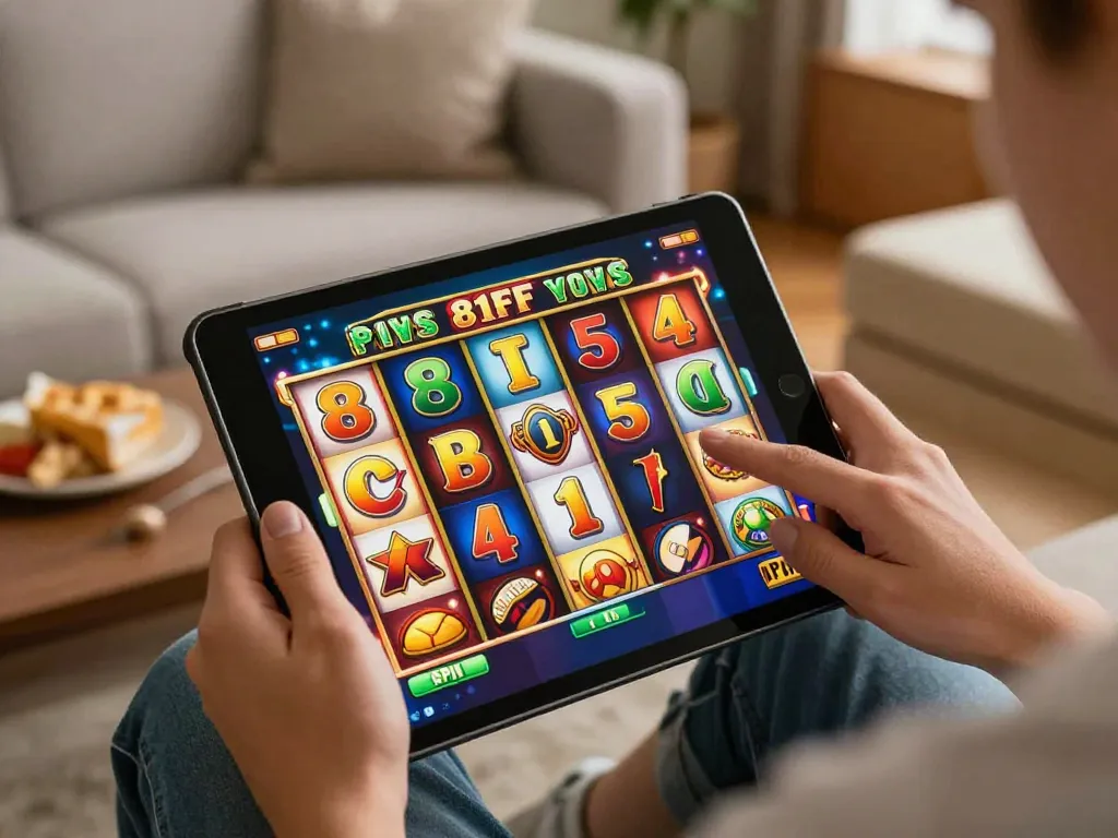 Players enjoying the thrill of the 81FF slot machine on a tablet, highlighting engaging gameplay.