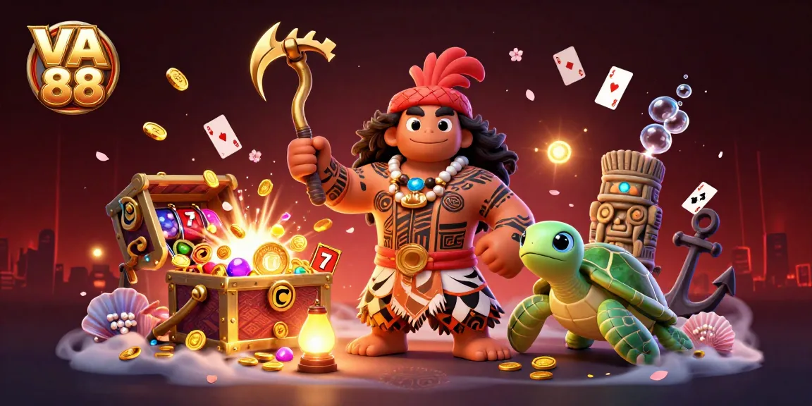 Experience the thrill of VA 88 with a vibrant 3D illustration featuring a lucky demigod, dynamic slot reels, and treasure.