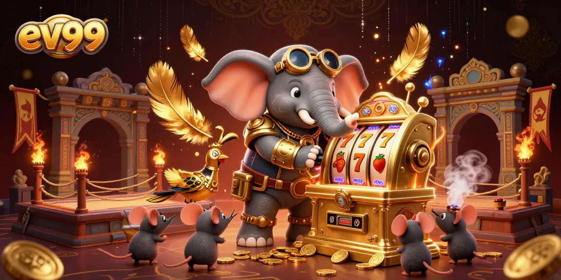 Experience thrilling gaming action with ev99 featuring a steampunk elephant operating a golden slot machine.