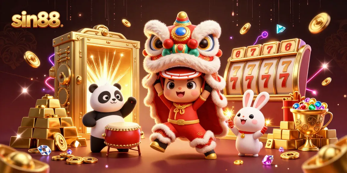Experience sin88's vibrant casino scene with a lion dance, drumming panda, and jackpot elements.