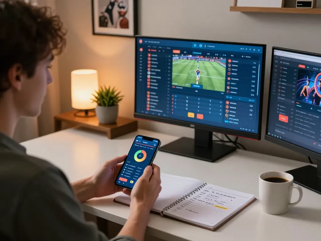 Kèo nhà cái hôm nay displayed on multiple screens, demonstrating engaging betting strategies and real-time updates in an inviting home office