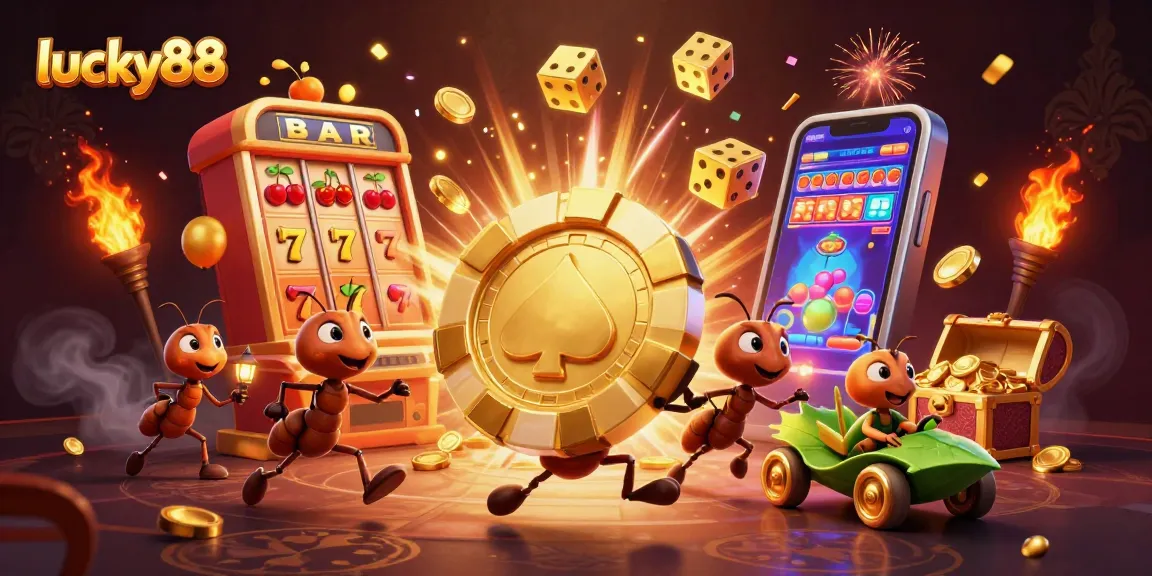 Watch lucky88's animated teamwork as ants carry a massive poker chip in this vibrant casino scene.