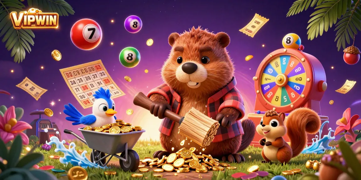 Experience exciting moments at VIPWIN while a cartoon beaver collects golden coins in this dynamic casino scene.
