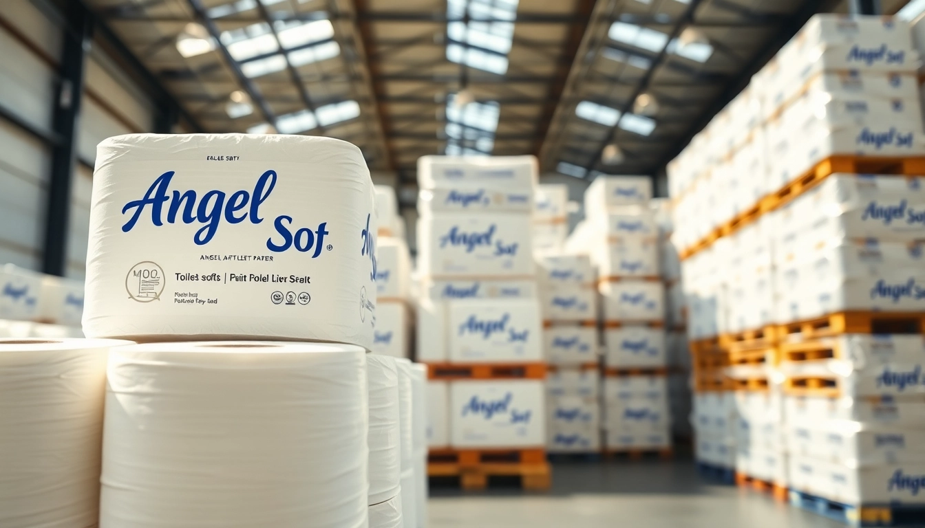 View of Angel Soft Toilet Paper Pallets stacked, showcasing quality and softness.
