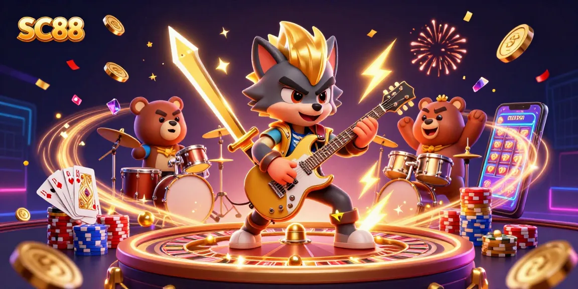 Experience the vibrant casino scene with SC88's rock star wolf and dazzling game elements.
