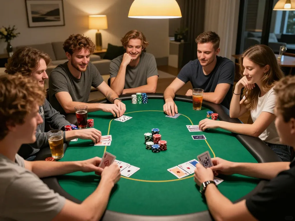 Players enjoying poker at home, showcasing king33 gaming strategies in an engaging atmosphere