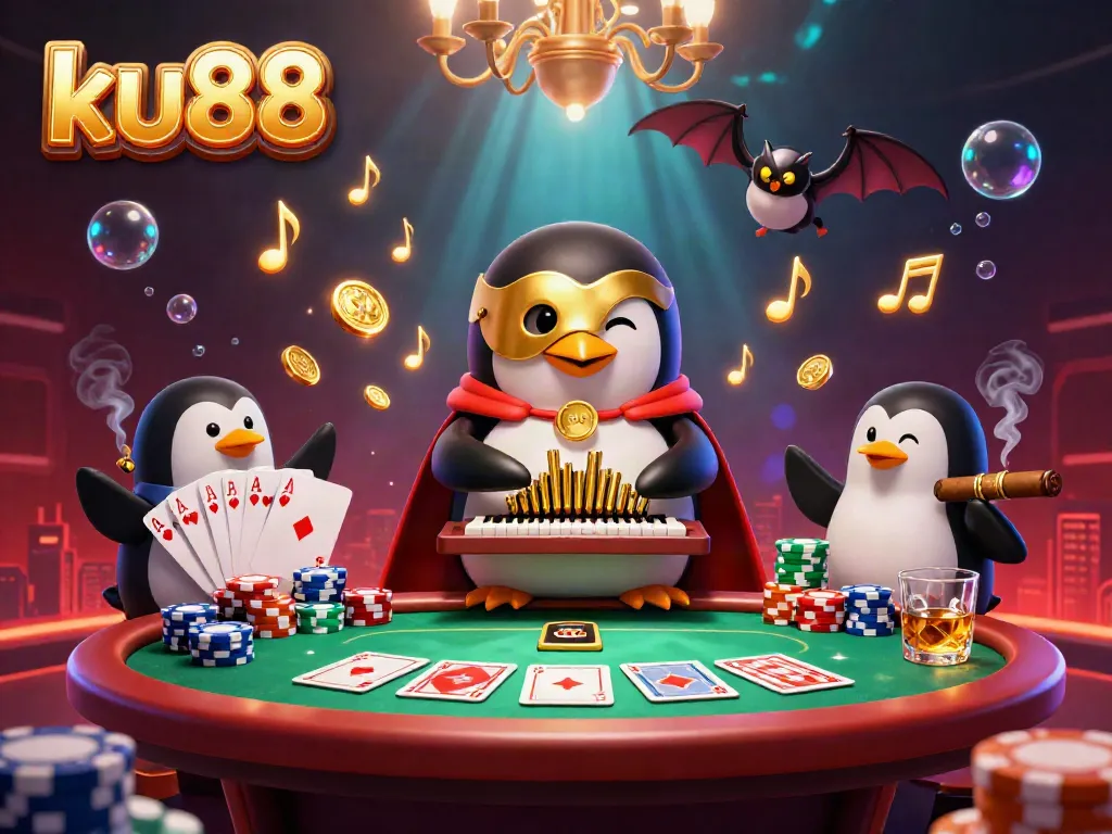 Experience thrilling casino action at ku88 with a vibrant 3D cartoon penguin orchestrating a wealth-themed scene filled with poker elements.