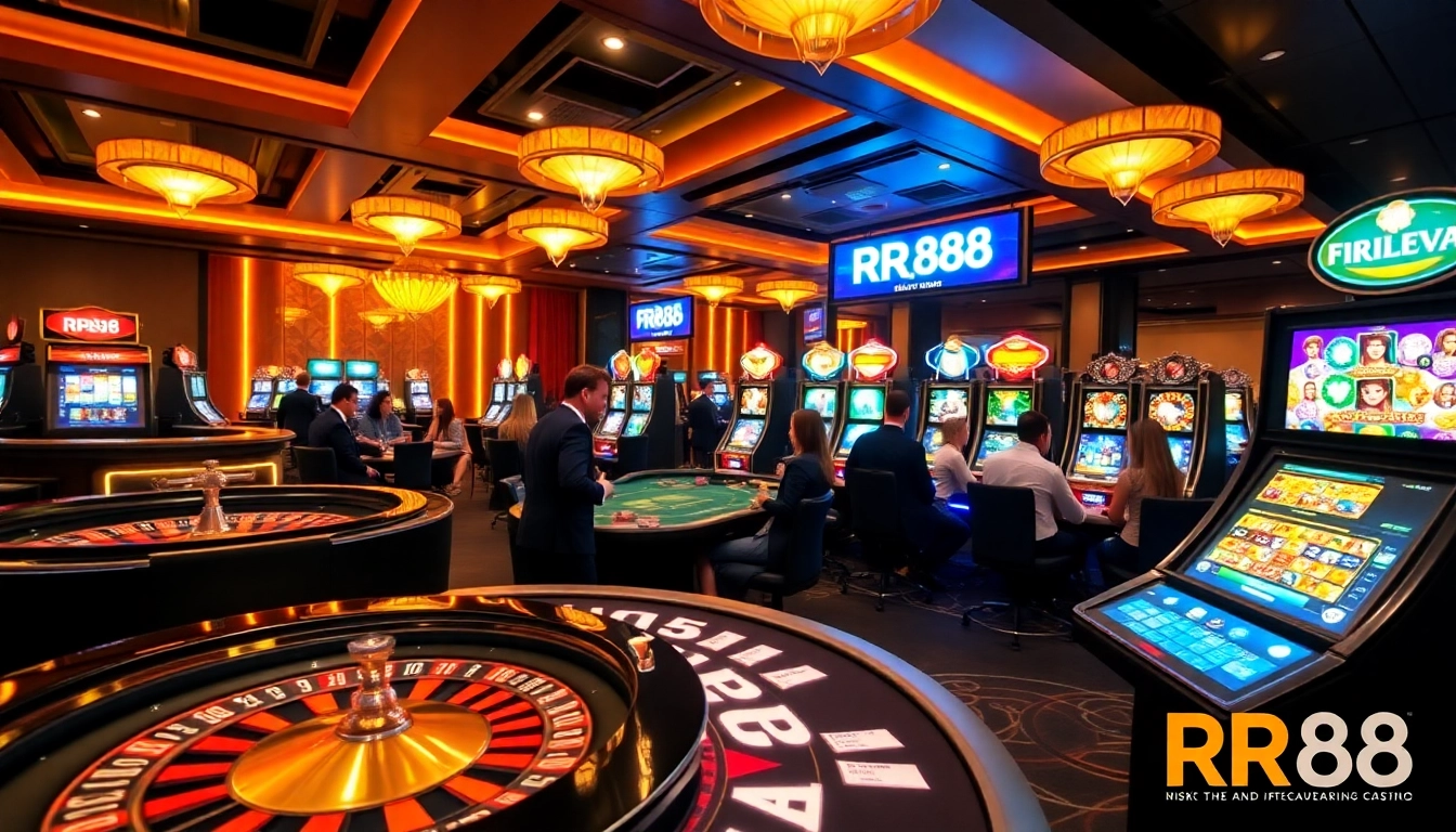 RR88 players engaged at a modern casino table with chips and a roulette wheel.