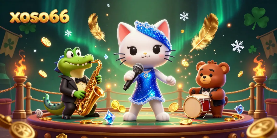 xoso66 offers dynamic gaming experience with singing cat, sax crocodile, and drum bear in vibrant casino scene.