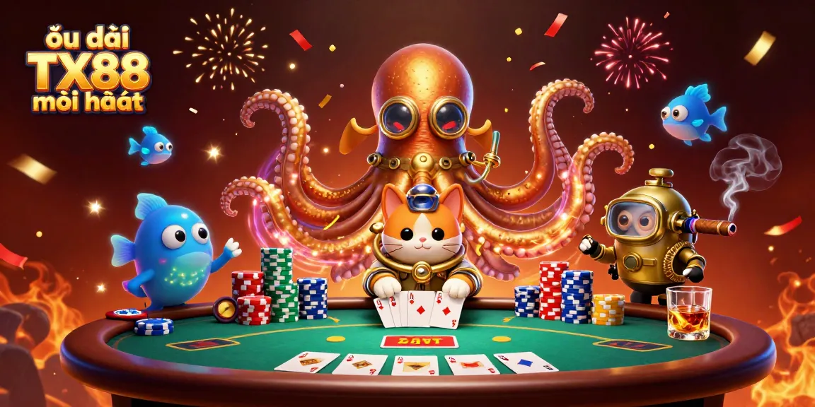 Engage with the thrill of ưu đãi TX88 mới nhất as you witness a kraken, diving cat, and glowing fish at a vibrant poker table.