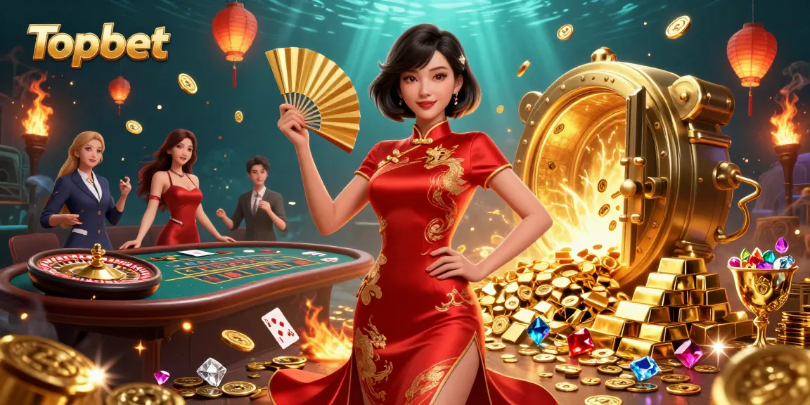 Experience Topbet's live casino excitement with a radiant Asian woman amid floating coins.