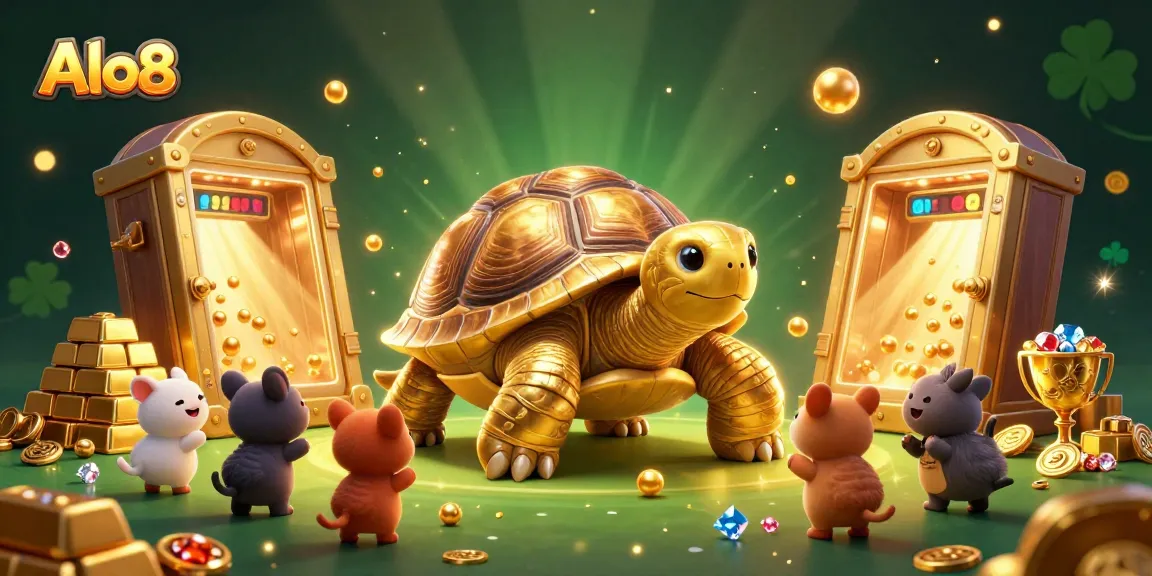 Alo8 captivates players with a grand 3D gambling scene featuring a golden tortoise pinball machine surrounded by treasures.