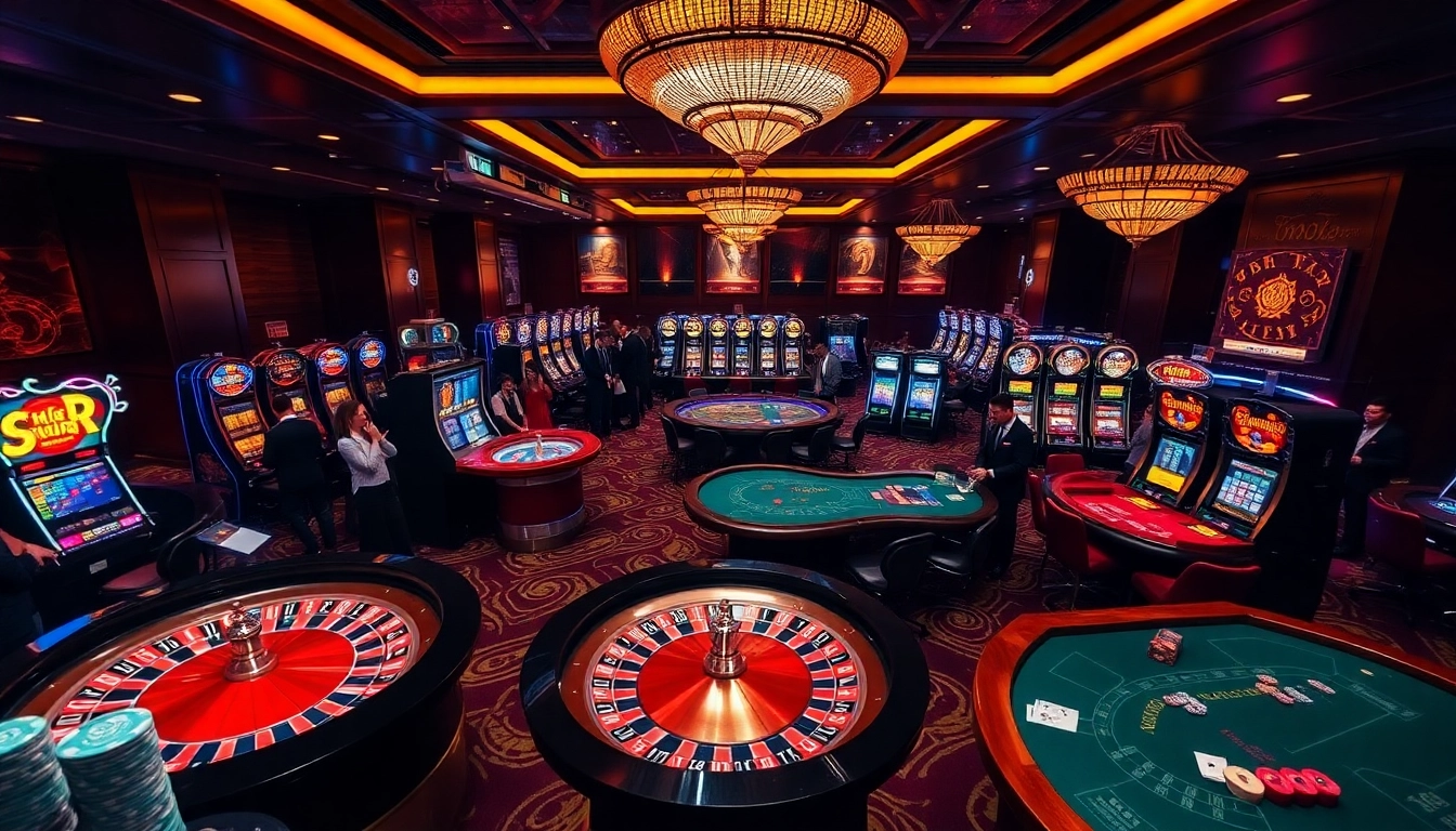 Players enjoying thrilling games at mb66 casino with vibrant slot machines and roulette wheels.