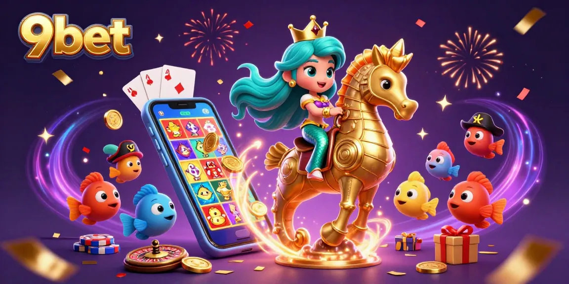 Engage with the 9bet casino experience, featuring a mermaid princess in a dynamic gambling scene.
