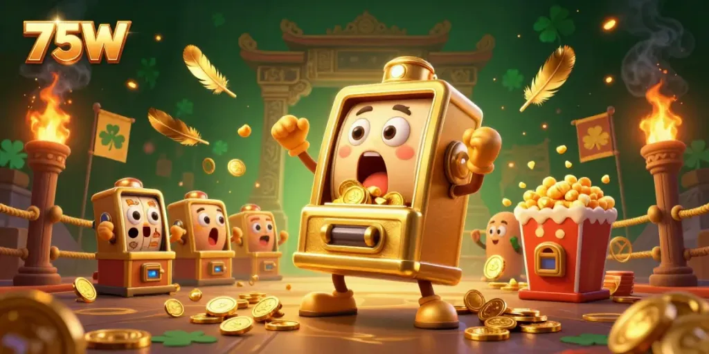 Engaging 75W slot machine illustration celebrates wins with gold coins and cheering baby machines.