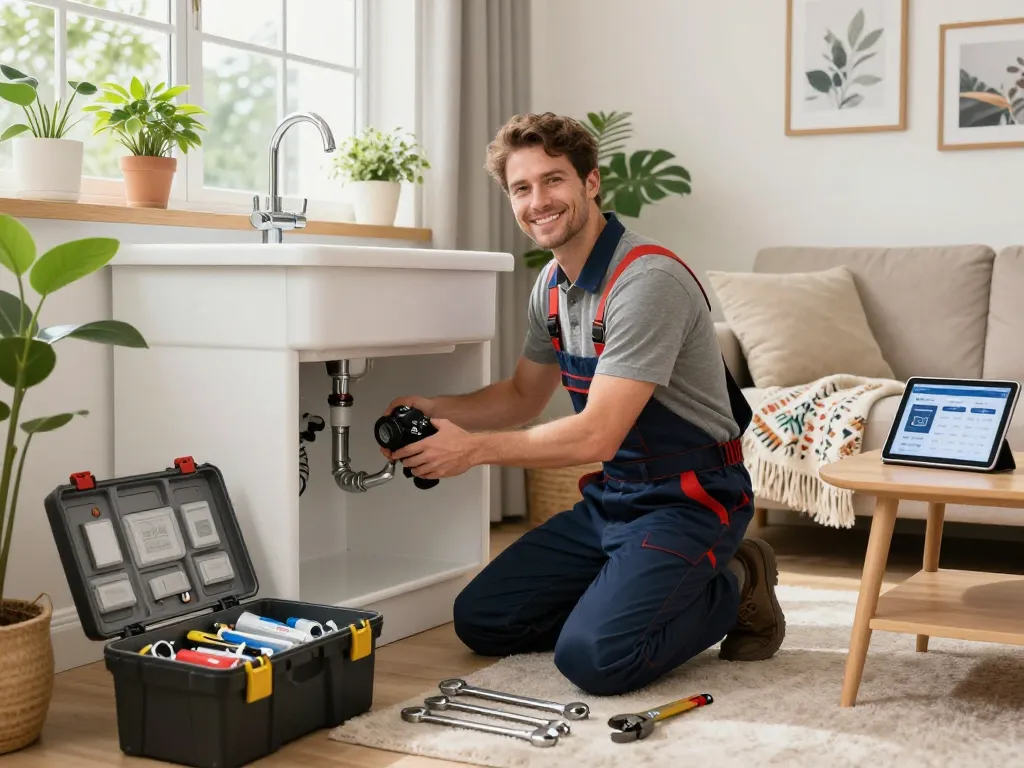 Encanador providing plumbing services in a modern home, showcasing tools and a friendly atmosphere.