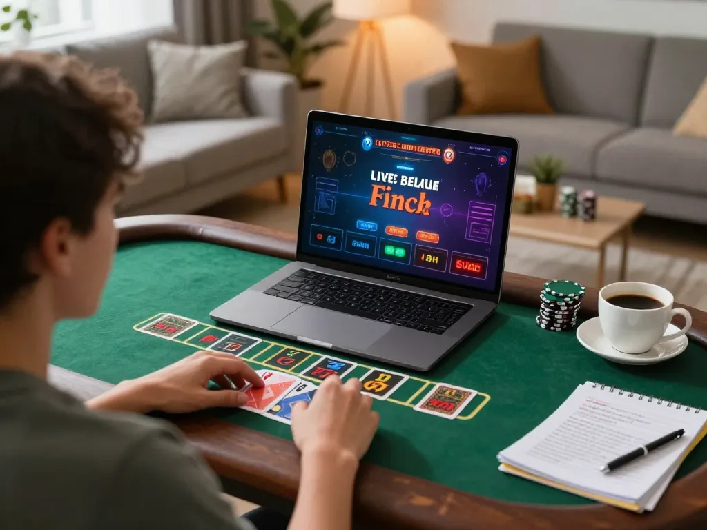 Pessoa jogando blackjack com dealer ao vivo do HH55 online, exibindo anotações de estratégia de apostas em um ambiente aconchegante em casa.