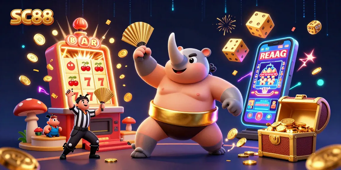 Experience thrilling SC88 moments with a lively 3D casino scene featuring a sumo champion and dynamic rewards.