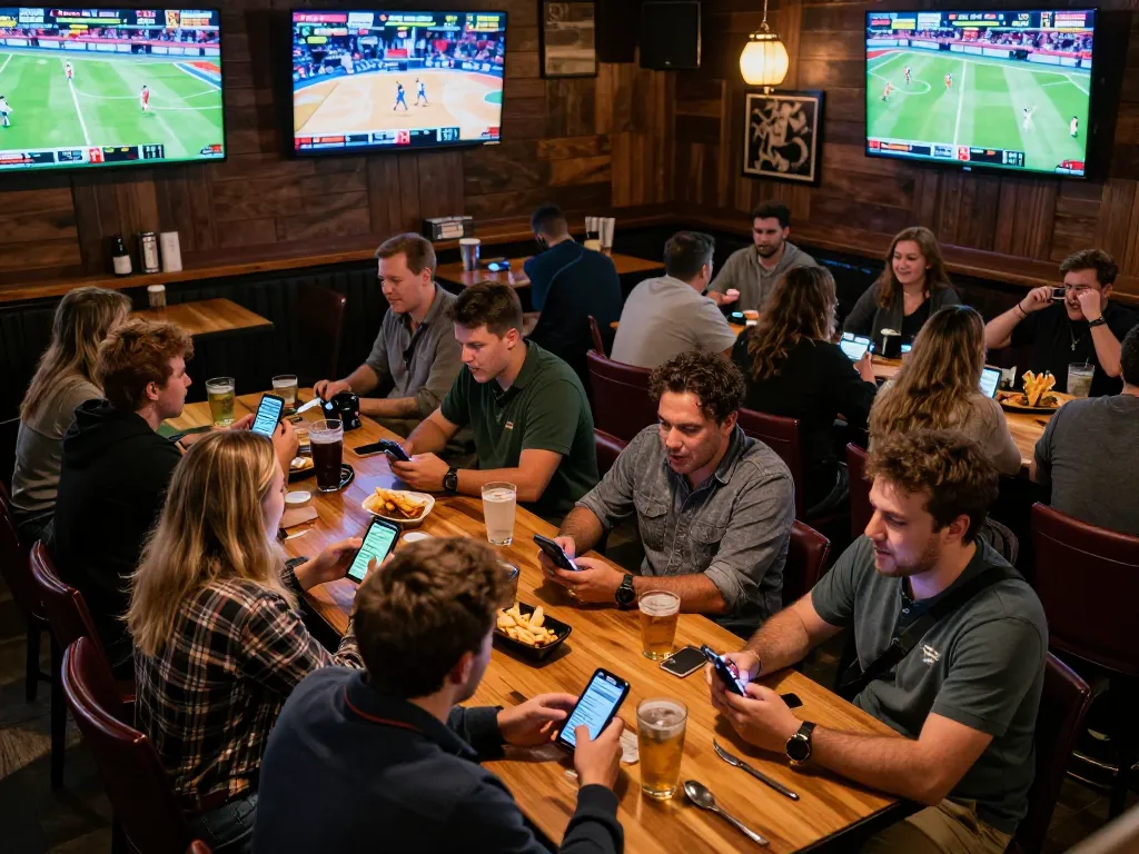 Patrons placing bets on mobile devices at a vibrant sports bar, showcasing the excitement of 99ok betting.