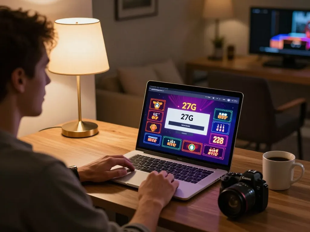 Player engaging with online 27G casino platform in a cozy home setting, highlighting responsible gaming.