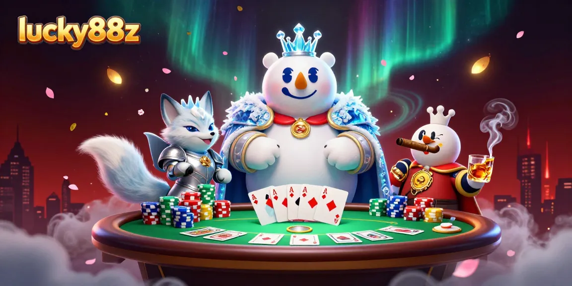 Experience high-stakes poker action with lucky88z featuring a royal bear and fox in a vibrant casino.