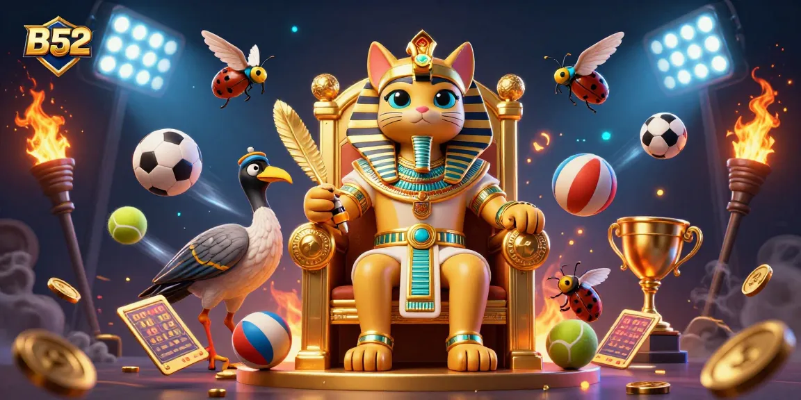 B52 cat pharaoh celebrates gambling victory surrounded by dynamic sports elements.