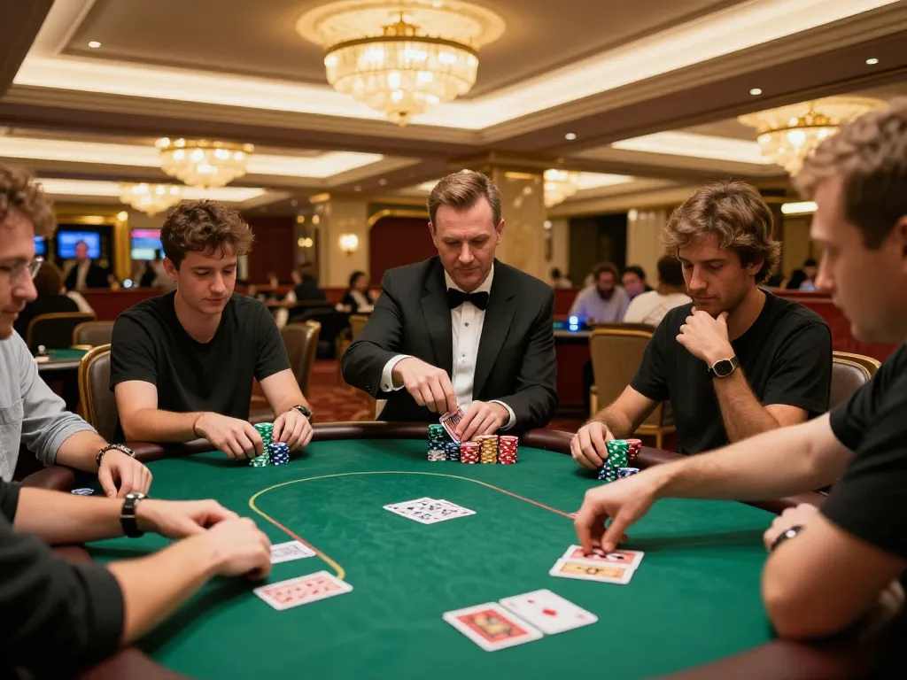 Players in a Go8 poker game at an upscale casino, showcasing intense gameplay and vibrant decor.