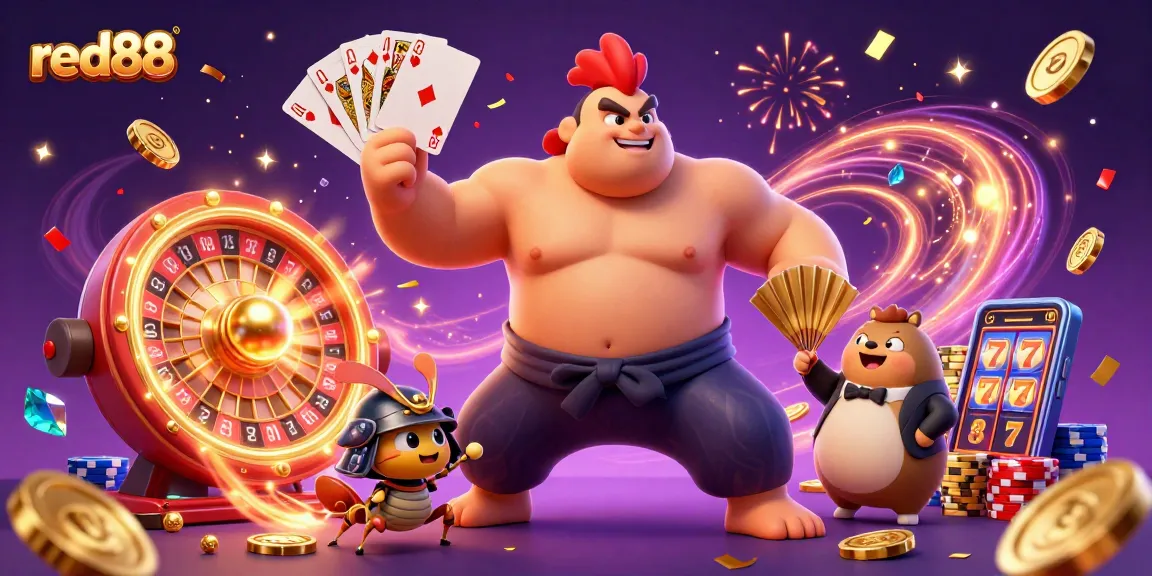 Play thrilling casino games with red88's dynamic illustration featuring unique characters and vibrant casino elements.