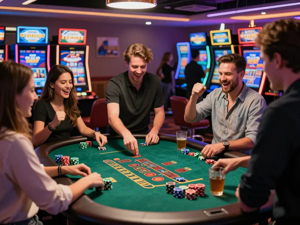 Experience the thrill of man88 at a lively casino gaming scene with friends enjoying blackjack.