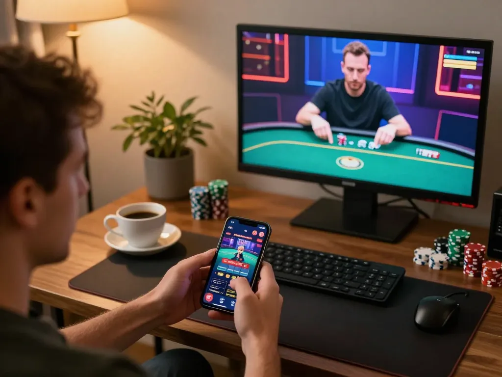 Nohu90 user enjoying a thrilling mobile casino game experience on their smartphone during a cozy home setup
