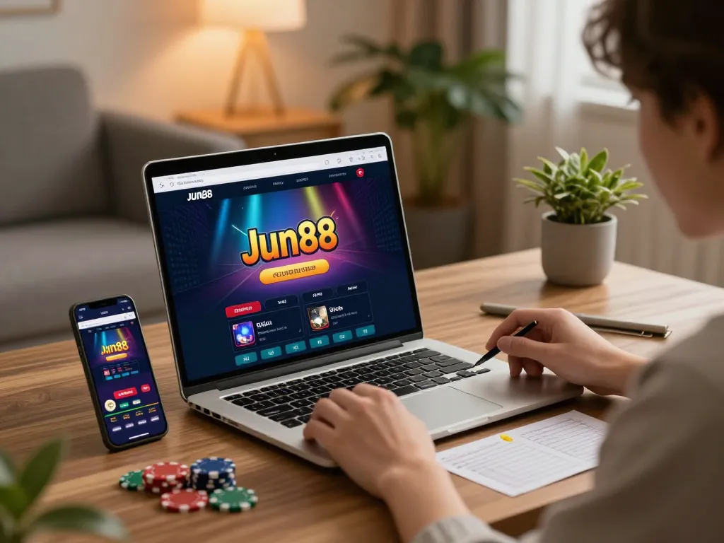 Jun88 Official user enjoying online casino gaming experience with laptop and smartphone at home