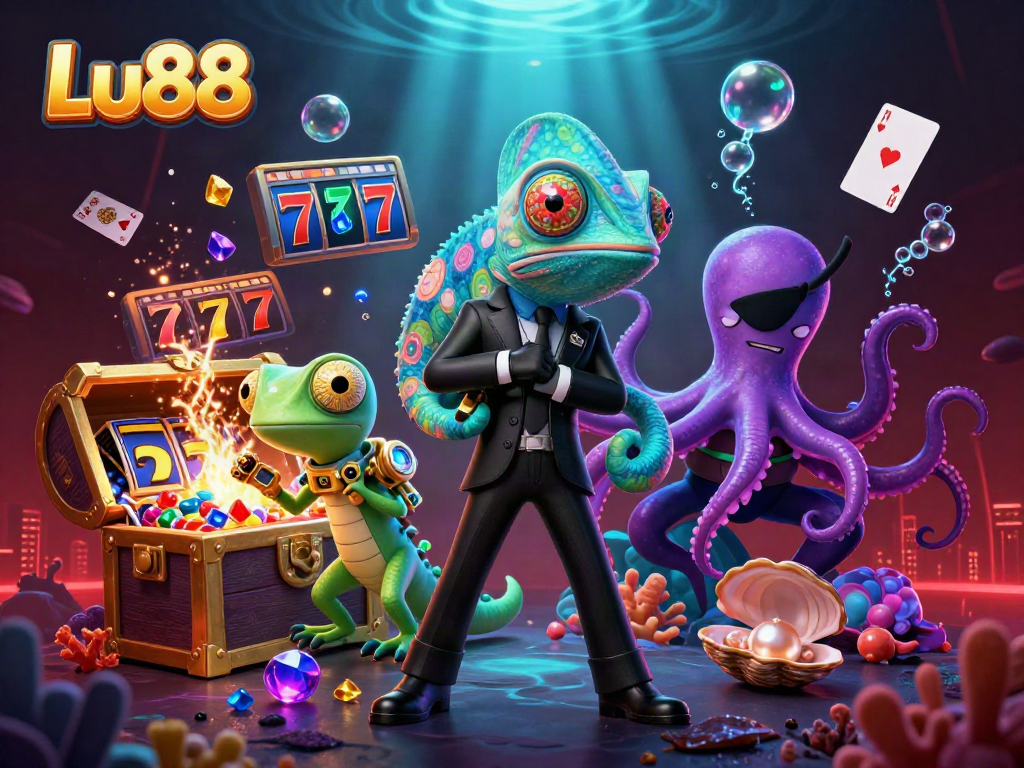 Engage with thrilling casino action at Lu88 featuring slot reels, lucky 7s, and vibrant characters.