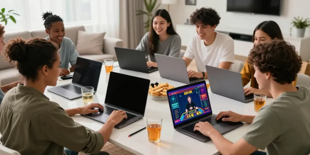 Friends enjoying a fun gaming night with SKY88 on laptop and phone.