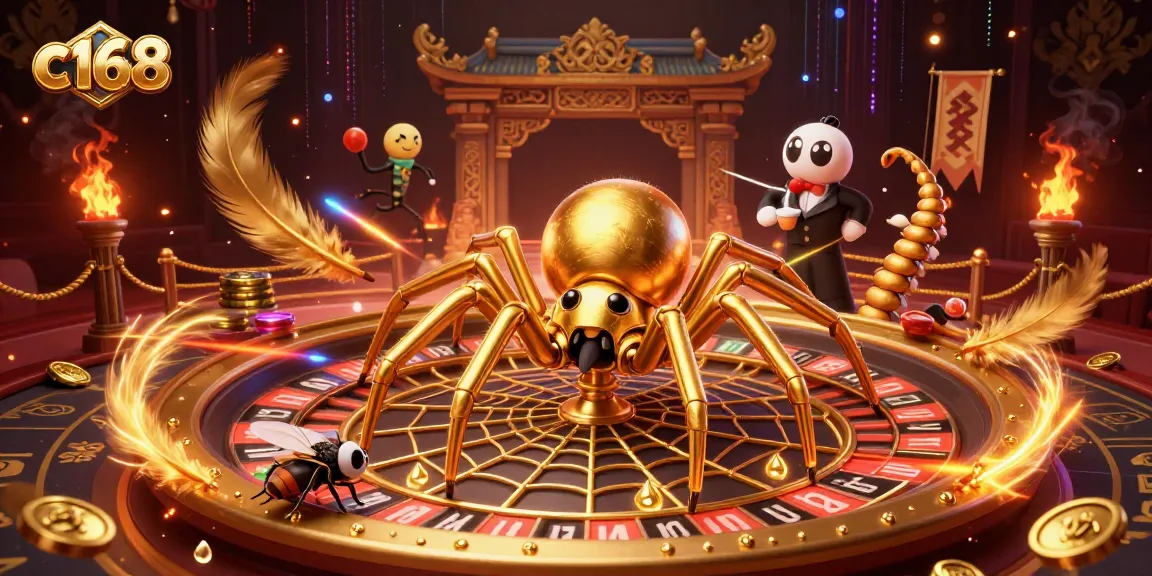 Engage with c168's vibrant casino scene featuring a golden spider spinning a roulette wheel web.
