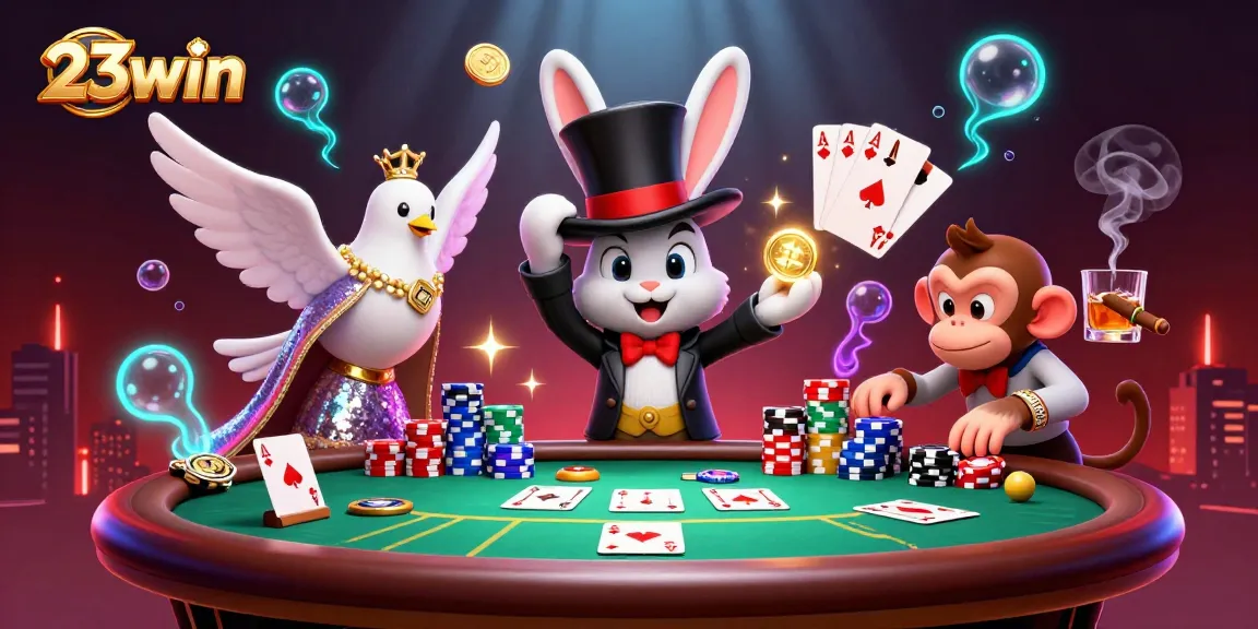 Experience the thrill of 23win with magical elements and poker excitement in a vibrant casino setting.