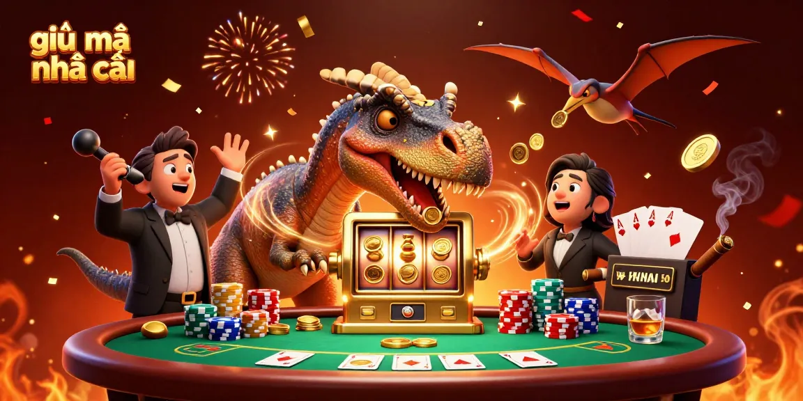 Experience the excitement of giải mã nhà cái as a pachycephalosaurus headbutts a golden slot machine, capturing jackpot coins.