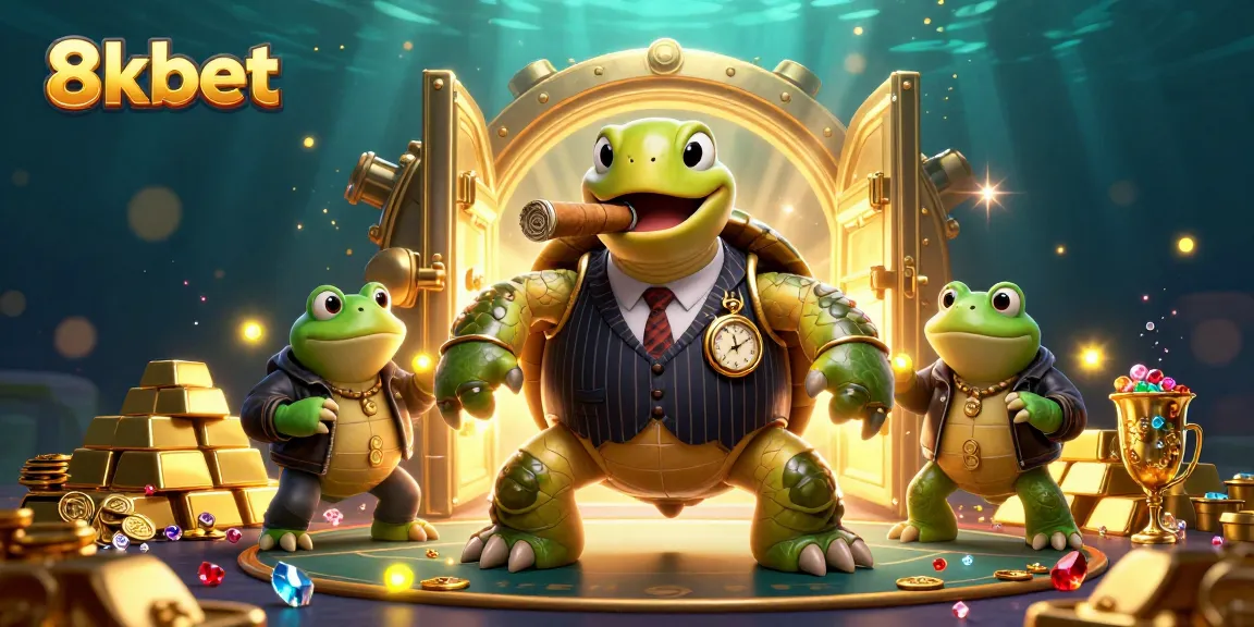 Engage with 8xbet's thrilling casino experience featuring a whimsical turtle in a mobster suit.