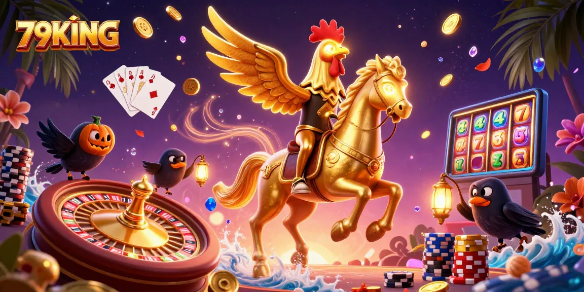 Experience the thrill of 79KING with dynamic casino elements featuring a golden rooster in a vibrant scene.