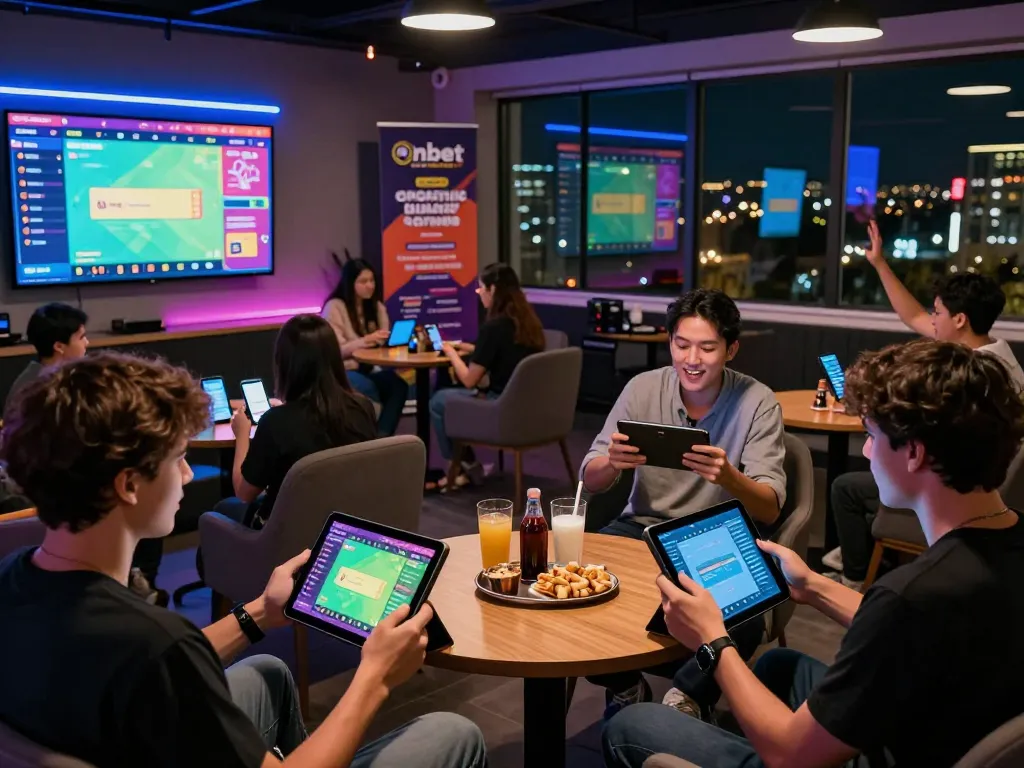 Engaging players using Onbet app in a trendy gaming lounge with vibrant atmosphere.