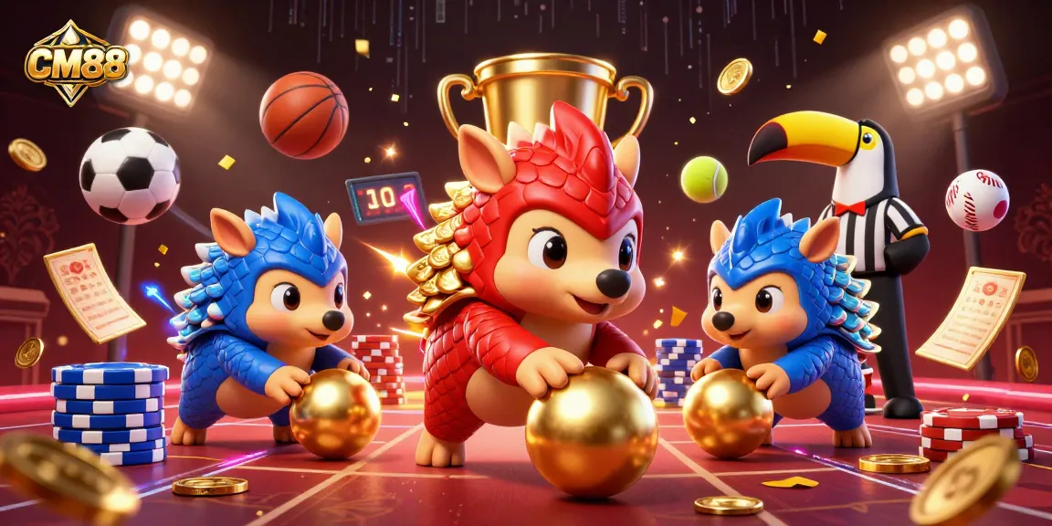 CM88 rivals engage in a colorful, dynamic gambling game amidst gold coins and footballs.