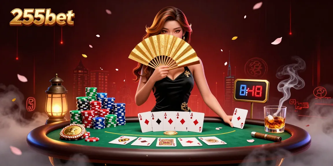 Experimente a emoção do 255bet com uma cena de cassino encantadora, apresentando elementos de pôquer e um personagem bonito.