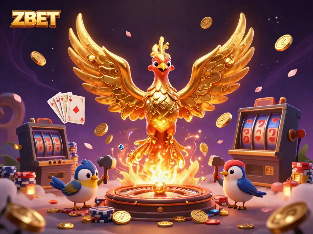 ZBET brings luck with molten gold phoenix and casino elements in a vivid winning scene.