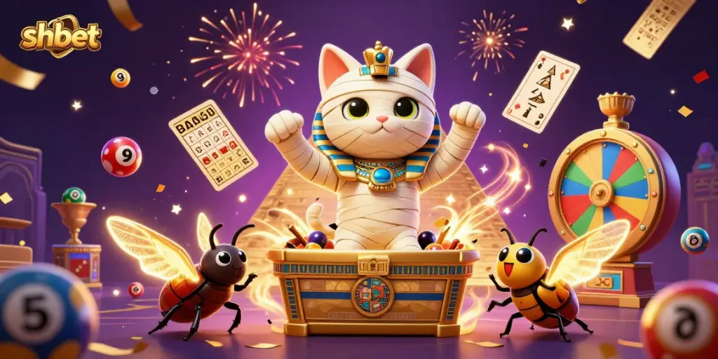 Celebrate wins with shbet's vibrant gambling scene featuring a dynamic mummy cat and scarab companion.
