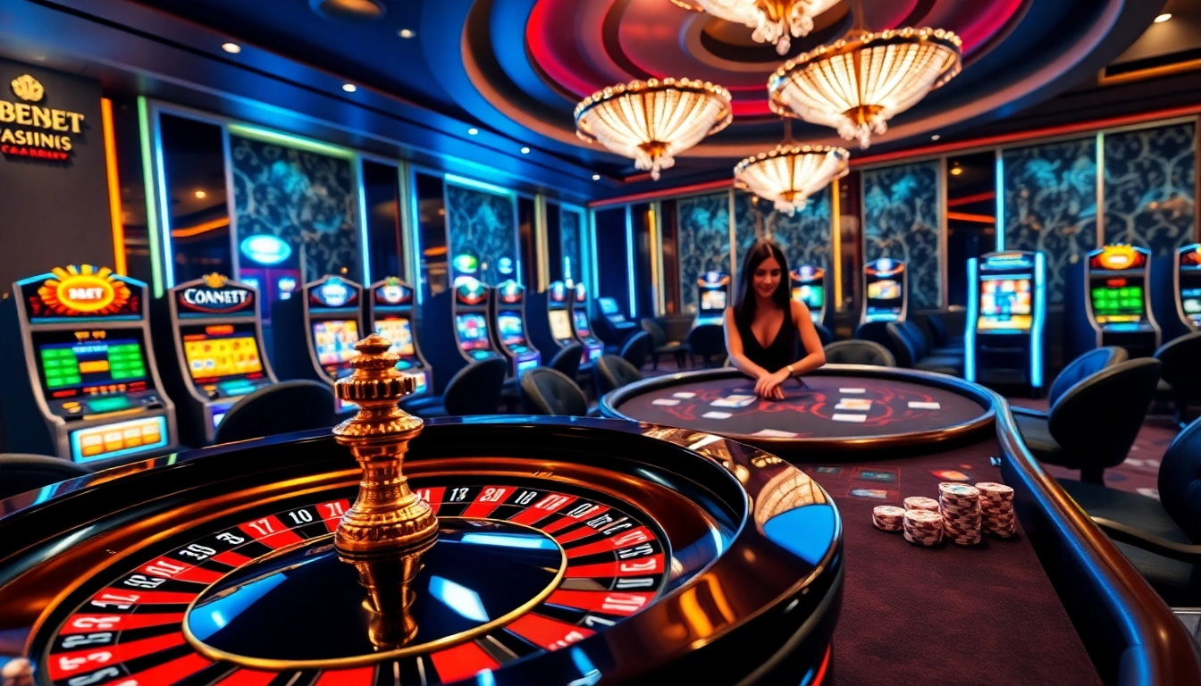 Experience the thrill of gambling at 28BET with an upscale casino scene featuring poker and roulette.