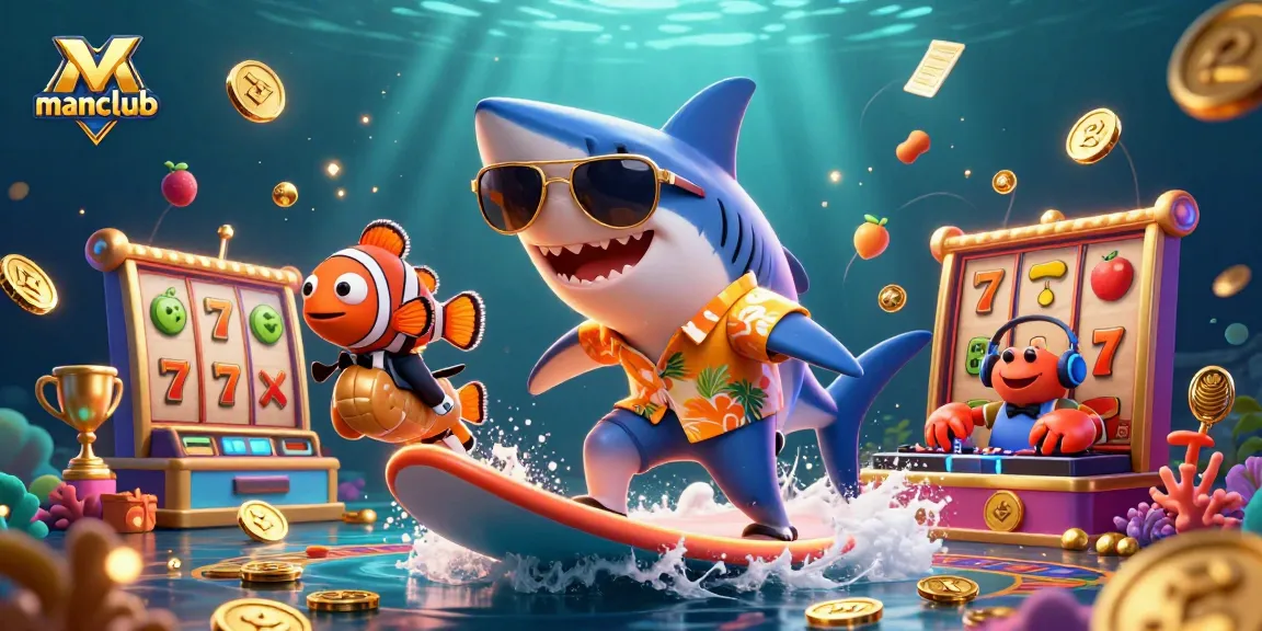 Experience the manclub thrill as a shark surfs waves of gold coins amidst exciting slot reels and playful marine characters.