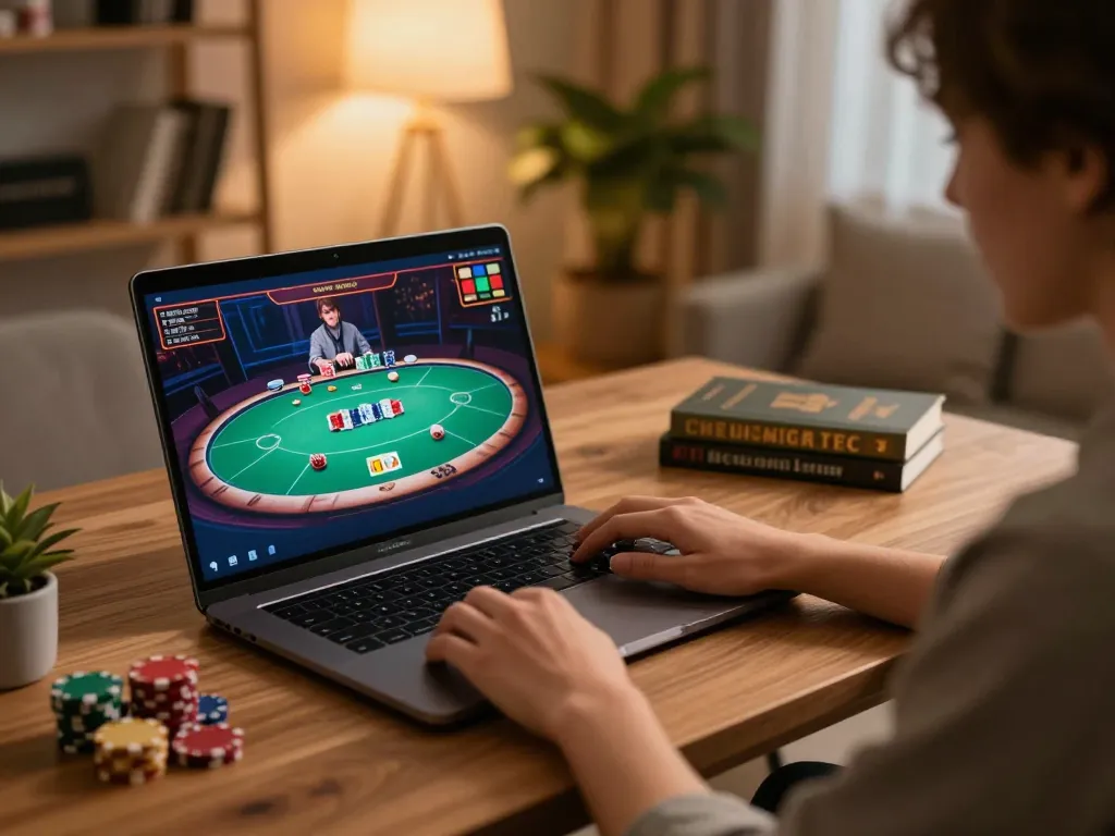 Player enjoying poker games on TG88 platform in a cozy home setting.