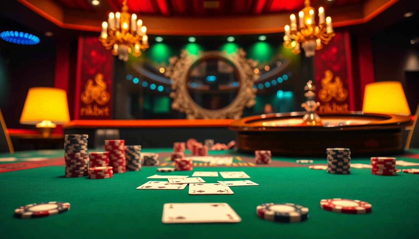 Experience the thrill of gambling with rikbet at this luxurious casino table featuring vibrant playing cards and poker chips.