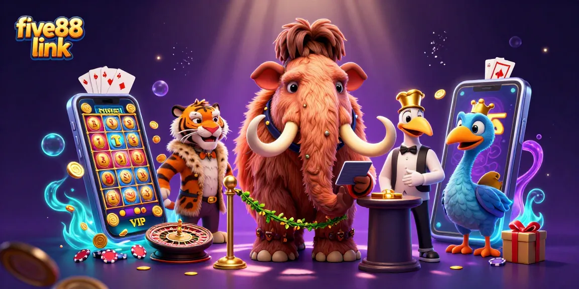 Experience the excitement of five88 link in this dynamic casino illustration featuring vibrant games and characters.