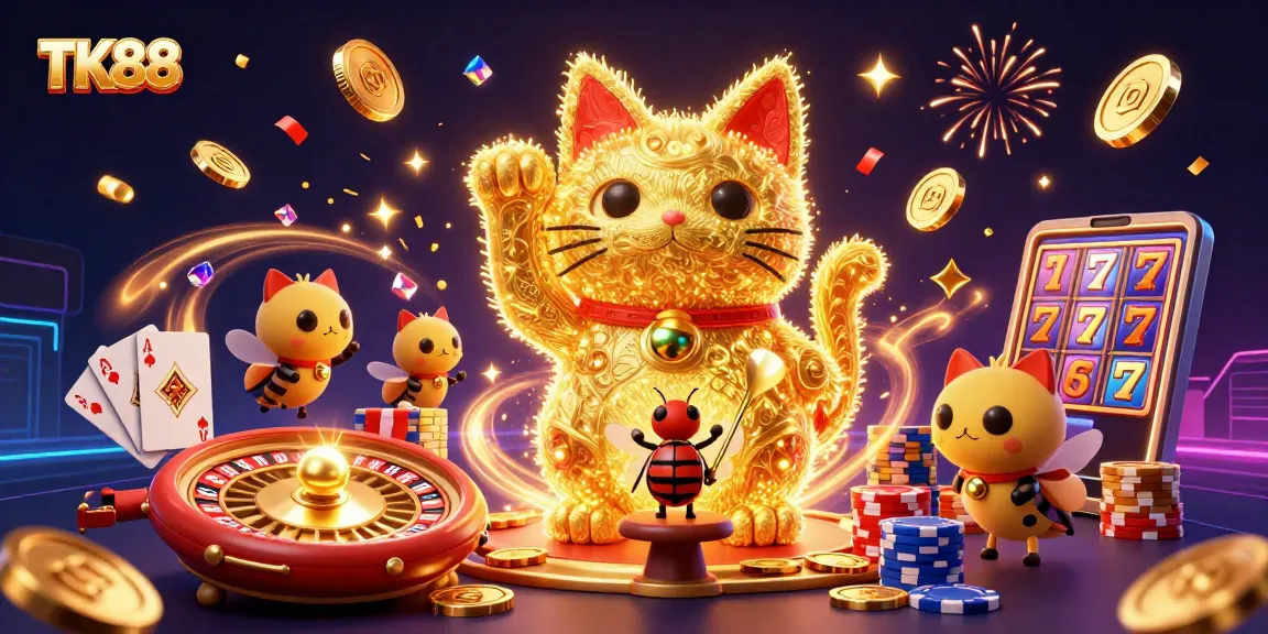 Engage with TK88's thrilling casino experience featuring a lucky cat and dazzling game elements.