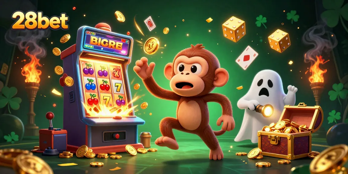 Engaging 28bet casino scene with playful ghost and puppy exploring winning symbols.